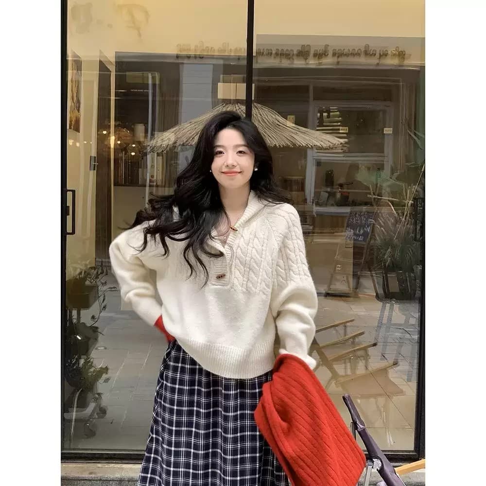 가을 새로운 레트로 크리스마스 소뿔 버클 후드 꽈배기 짜임 스웨터