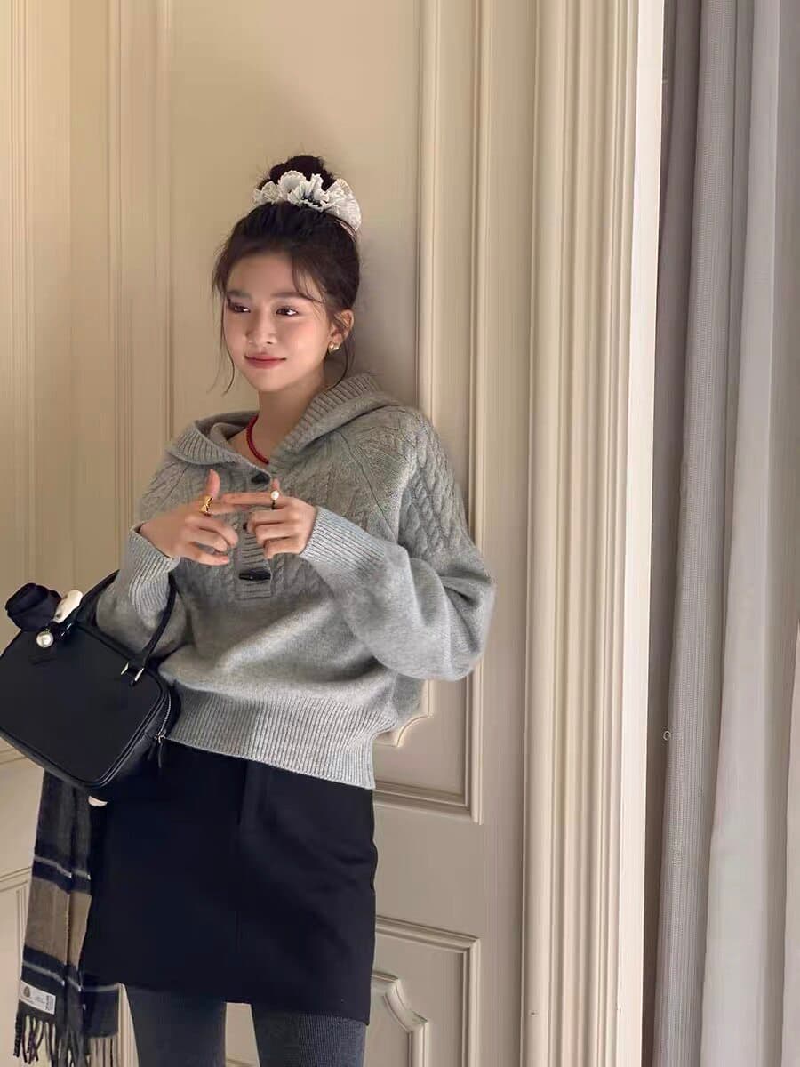 가을 새로운 레트로 크리스마스 소뿔 버클 후드 꽈배기 짜임 스웨터 상세 이미지 1
