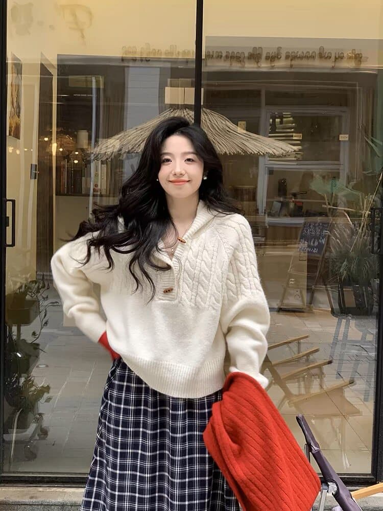 가을 새로운 레트로 크리스마스 소뿔 버클 후드 꽈배기 짜임 스웨터 상세 이미지 2
