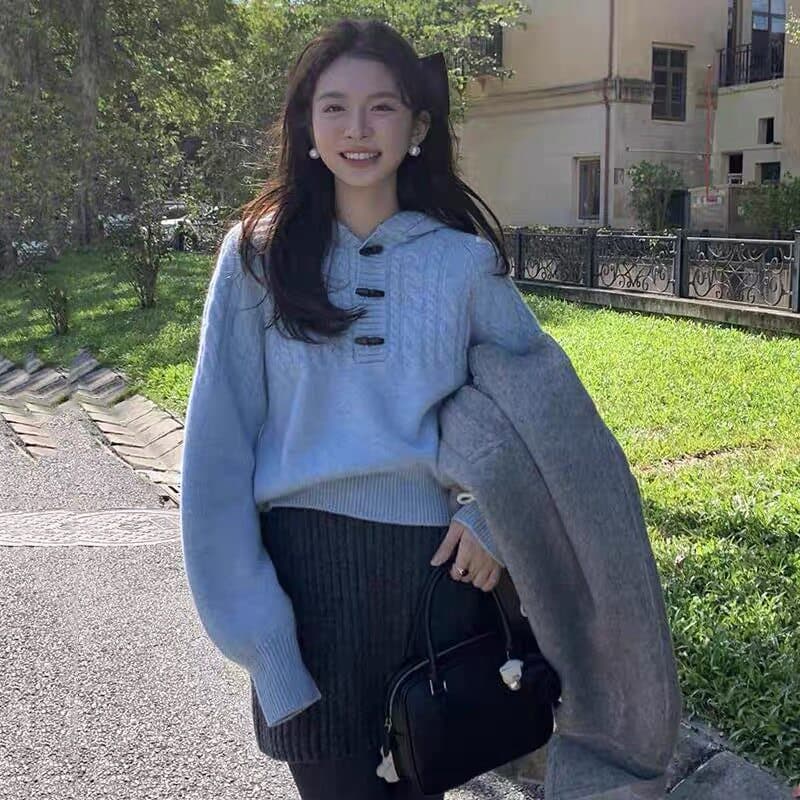 가을 새로운 레트로 크리스마스 소뿔 버클 후드 꽈배기 짜임 스웨터 상세 이미지 3