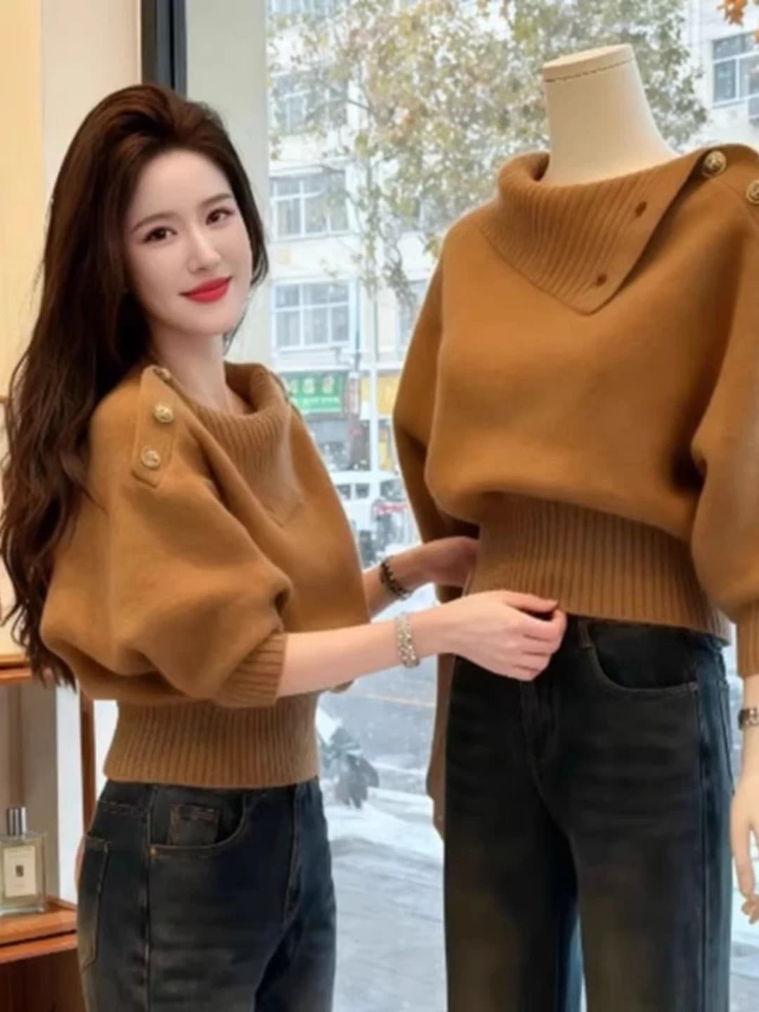 고급 센스 빛 요리 한 로얄 자매 착용 가져 가라. 부드러운 찹쌀 스웨터 여자 가을 겨울 새로운 고유 한 아름다운 허리 수축 쇼트 스타일 니트 맨위