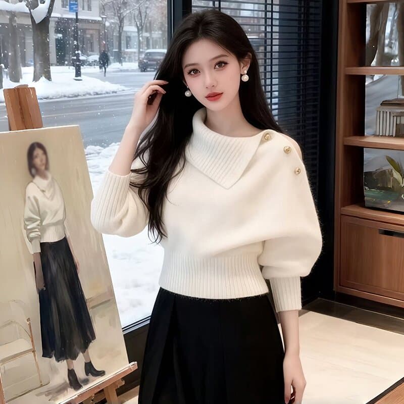고급 센스 빛 요리 한 로얄 자매 착용 가져 가라. 부드러운 찹쌀 스웨터 여자 가을 겨울 새로운 고유 한 아름다운 허리 수축 쇼트 스타일 니트 맨위 상세 이미지 1