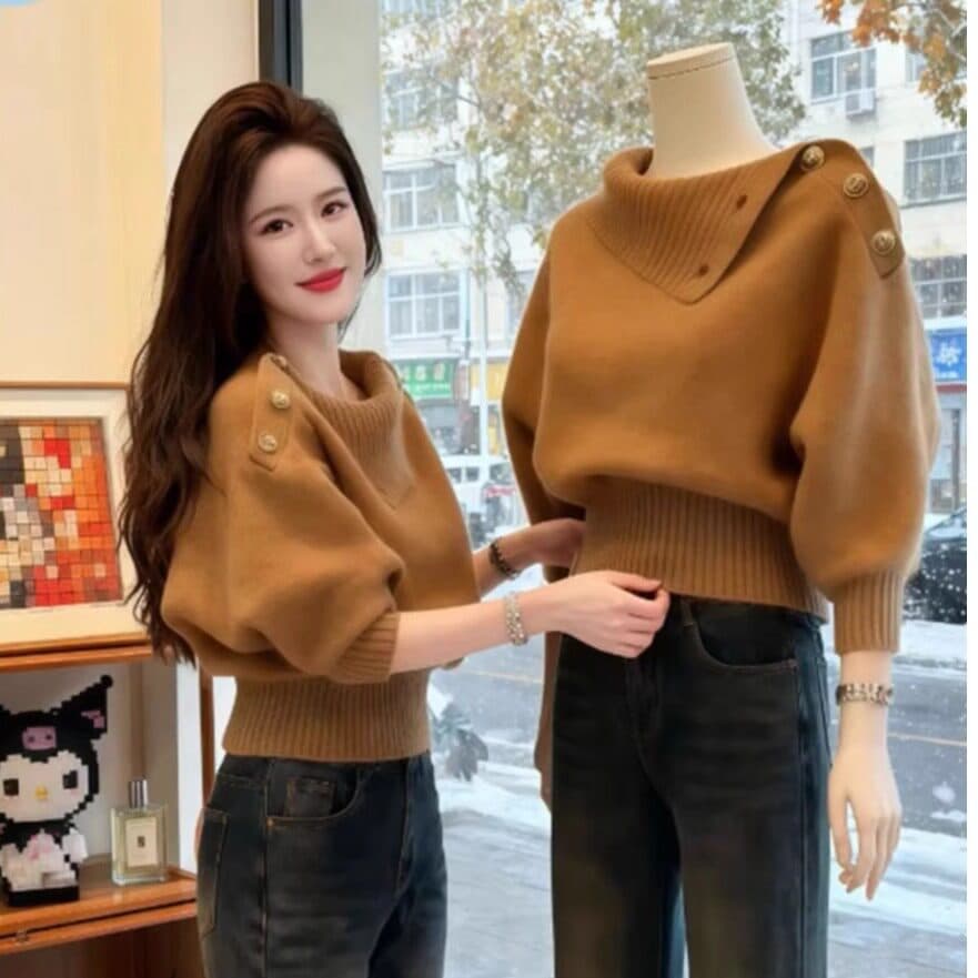 고급 센스 빛 요리 한 로얄 자매 착용 가져 가라. 부드러운 찹쌀 스웨터 여자 가을 겨울 새로운 고유 한 아름다운 허리 수축 쇼트 스타일 니트 맨위 상세 이미지 9
