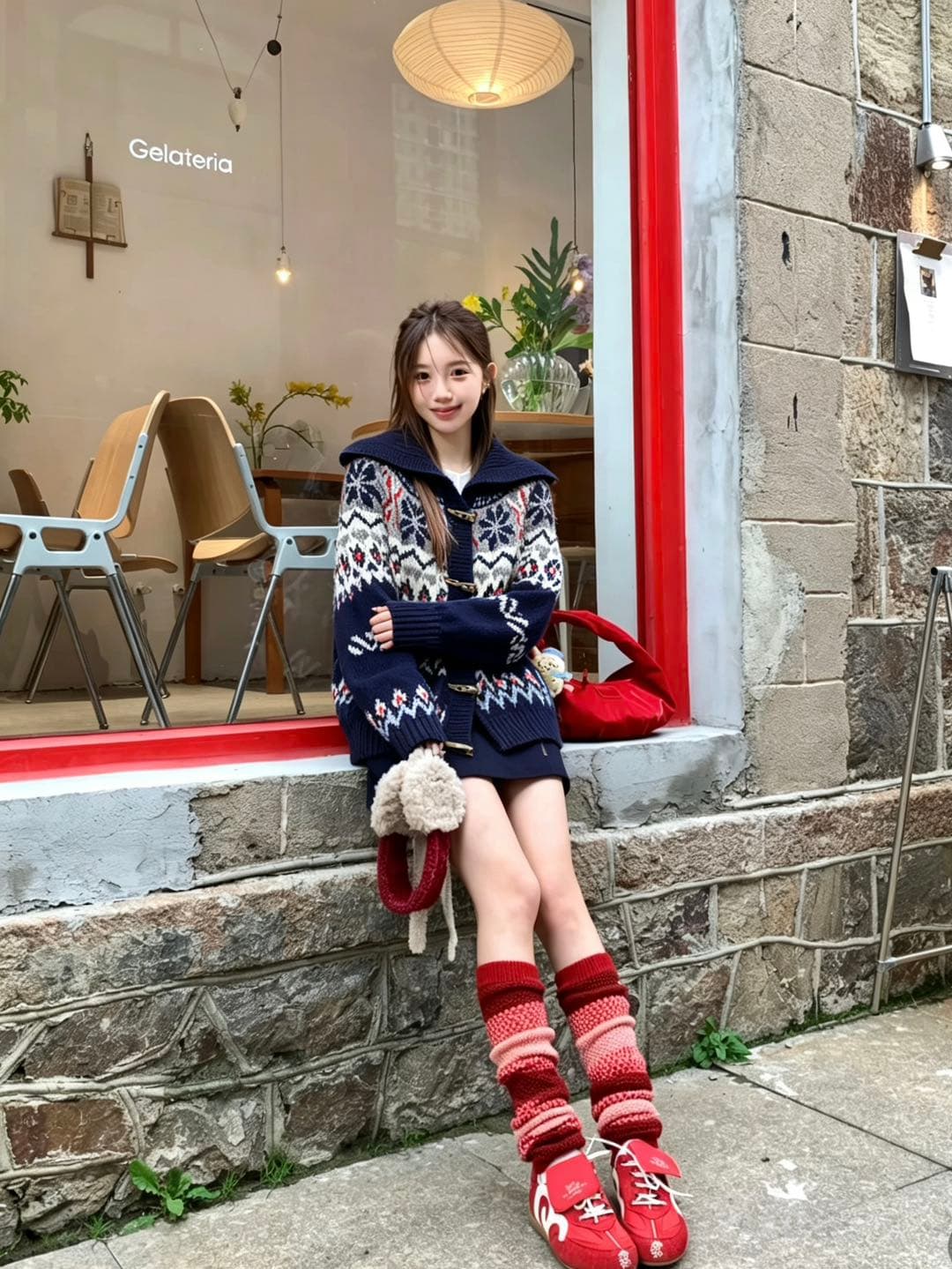 공정한 섬 자카드 레트로 폴로 칼라 소뿔 버클 스웨터 코트 여자 2026 가을 겨울 새로운 루즈핏 니트 오픈 가디건 상세 이미지 6