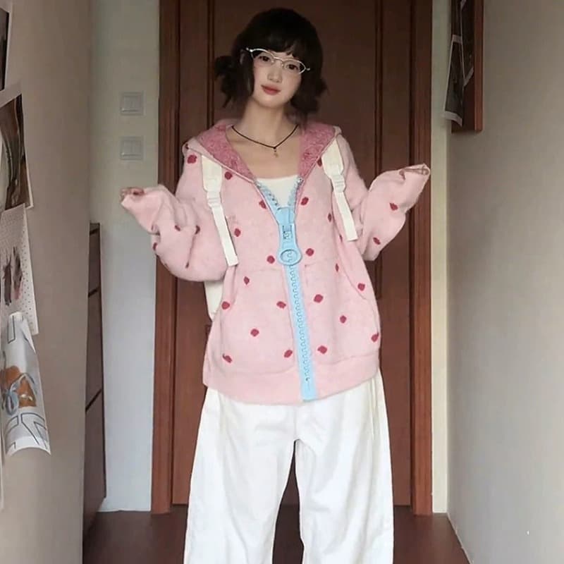 아메리칸 레트로 도트 무늬 대 지퍼 니트 스웨터 후드티 여성 가을 루즈핏 느긋한 한 부서 학원 카디건 코트 이미지 6