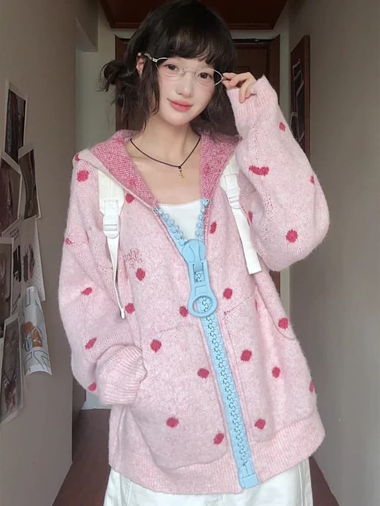 아메리칸 레트로 도트 무늬 대 지퍼 니트 스웨터 후드티 여성 가을 루즈핏 느긋한 한 부서 학원 카디건 코트 상세 이미지 1