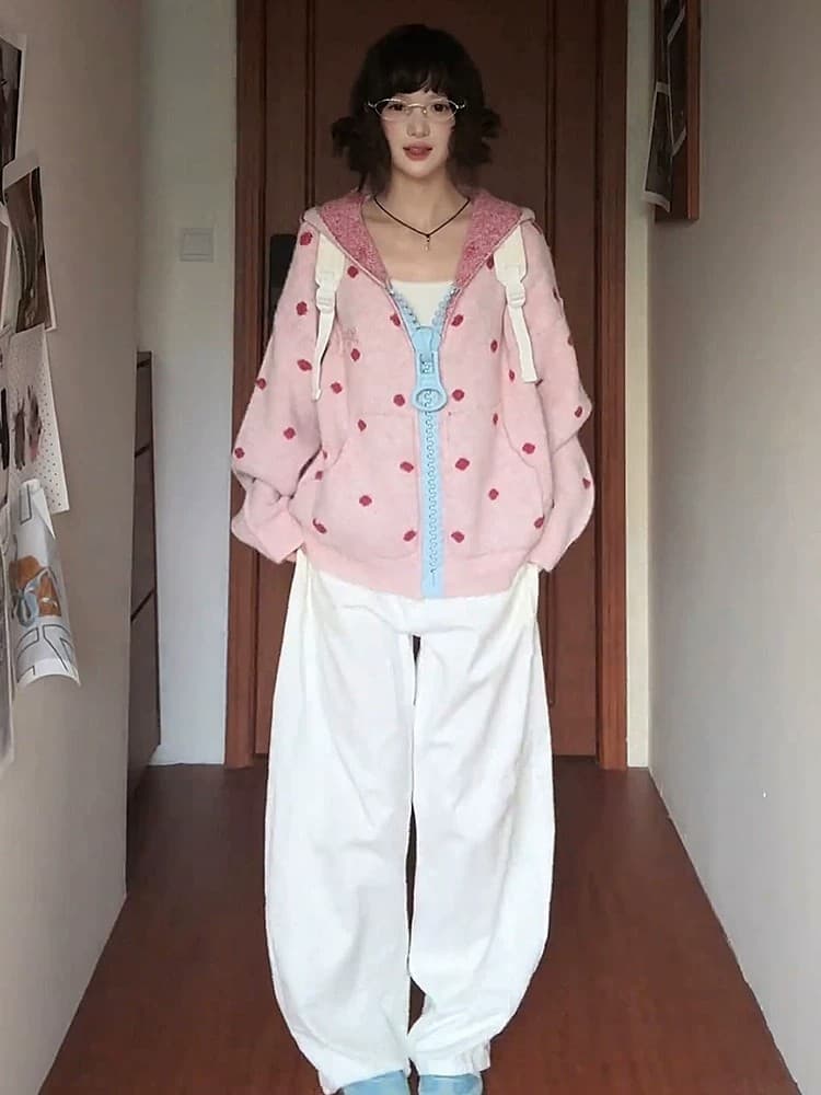 아메리칸 레트로 도트 무늬 대 지퍼 니트 스웨터 후드티 여성 가을 루즈핏 느긋한 한 부서 학원 카디건 코트 상세 이미지 5
