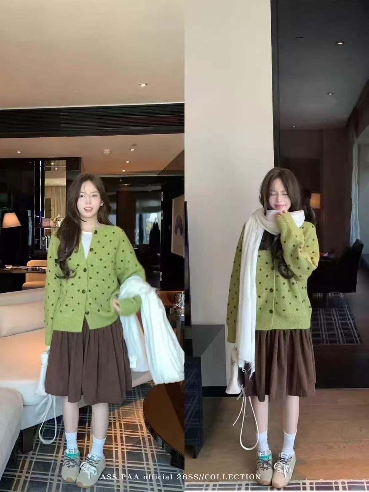 라운드 넥 고급 센스 도트 무늬 니트 오픈 가디건 스웨터 코트 가을 착용 가져 가라. 새로운 긴팔 외부 잡아라. 의류 여성 상세 이미지 5
