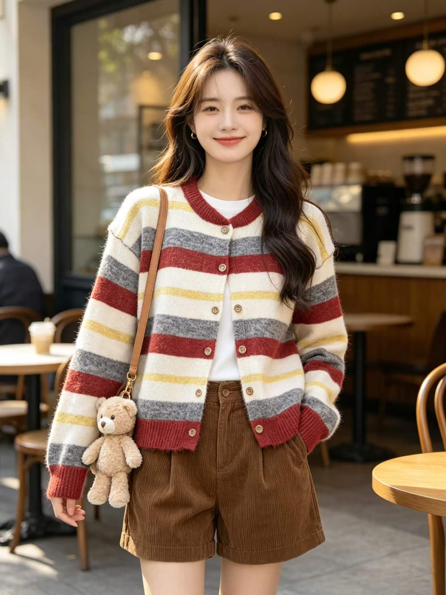 한 부서 회색 스트라이프 스웨터 오픈 가디건 여성 가을 겨울 새로운 루즈핏 느긋한 니트 재킷 맨위 겨울 이미지 5