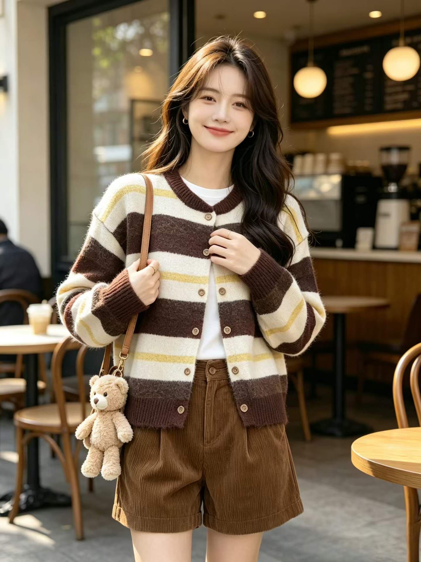 한 부서 회색 스트라이프 스웨터 오픈 가디건 여성 가을 겨울 새로운 루즈핏 느긋한 니트 재킷 맨위 겨울 이미지 4