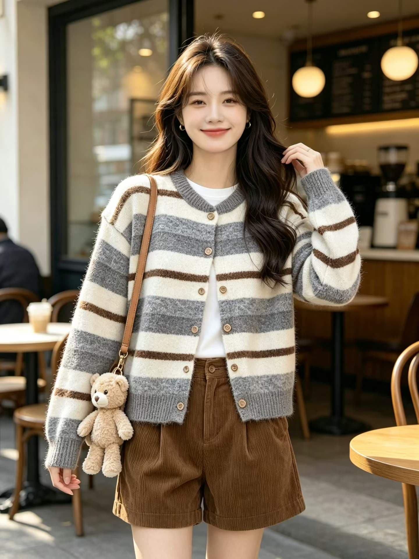 한 부서 회색 스트라이프 스웨터 오픈 가디건 여성 가을 겨울 새로운 루즈핏 느긋한 니트 재킷 맨위 겨울 상세 이미지 3