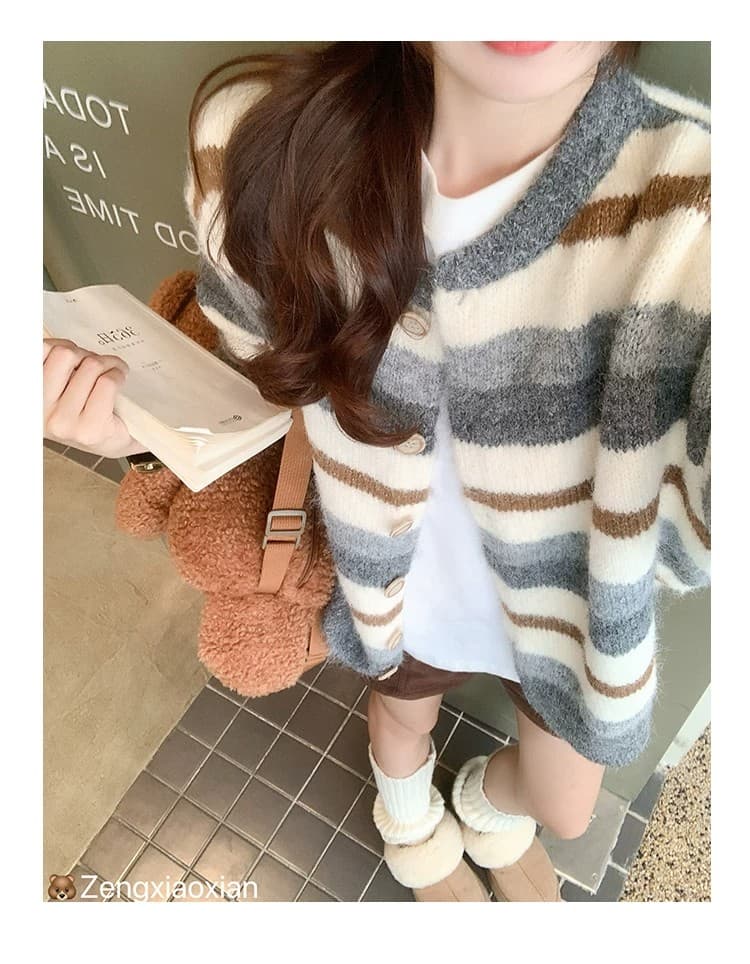 한 부서 회색 스트라이프 스웨터 오픈 가디건 여성 가을 겨울 새로운 루즈핏 느긋한 니트 재킷 맨위 겨울 상세 이미지 5