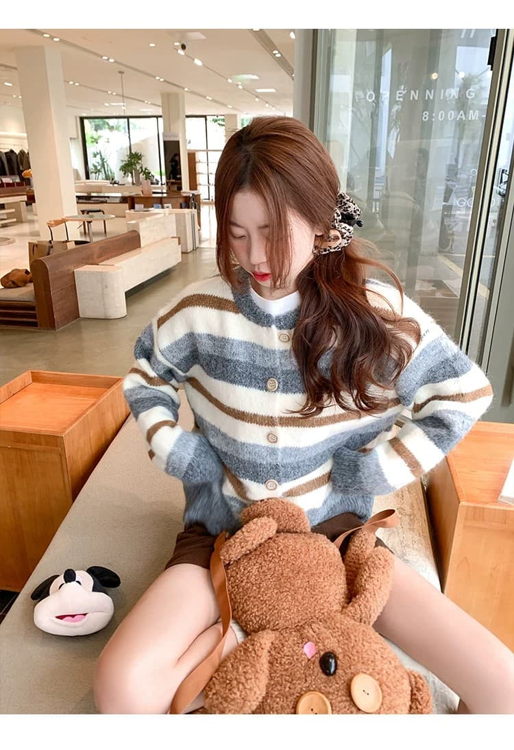 한 부서 회색 스트라이프 스웨터 오픈 가디건 여성 가을 겨울 새로운 루즈핏 느긋한 니트 재킷 맨위 겨울 상세 이미지 7