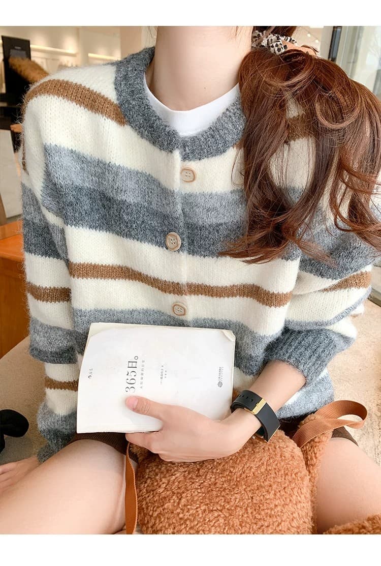 한 부서 회색 스트라이프 스웨터 오픈 가디건 여성 가을 겨울 새로운 루즈핏 느긋한 니트 재킷 맨위 겨울 상세 이미지 8