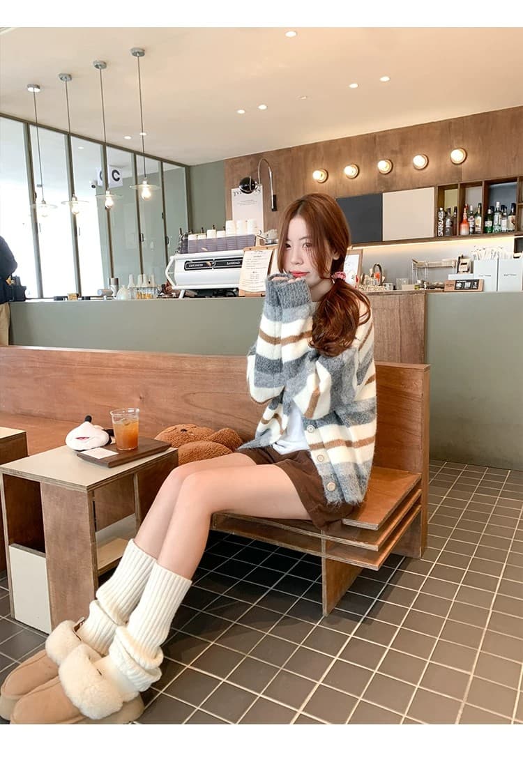 한 부서 회색 스트라이프 스웨터 오픈 가디건 여성 가을 겨울 새로운 루즈핏 느긋한 니트 재킷 맨위 겨울 상세 이미지 9
