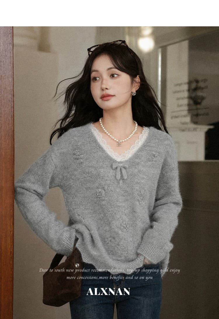 스와 리 안개 회색 느긋한 V넥 회색 니트 스웨터 여성 가을 긴팔 스웨터 레이스 양모 맨위 이미지 4