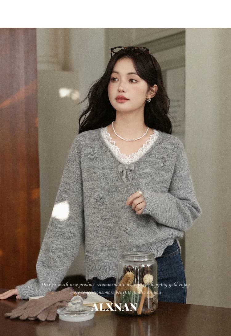 스와 리 안개 회색 느긋한 V넥 회색 니트 스웨터 여성 가을 긴팔 스웨터 레이스 양모 맨위 상세 이미지 3