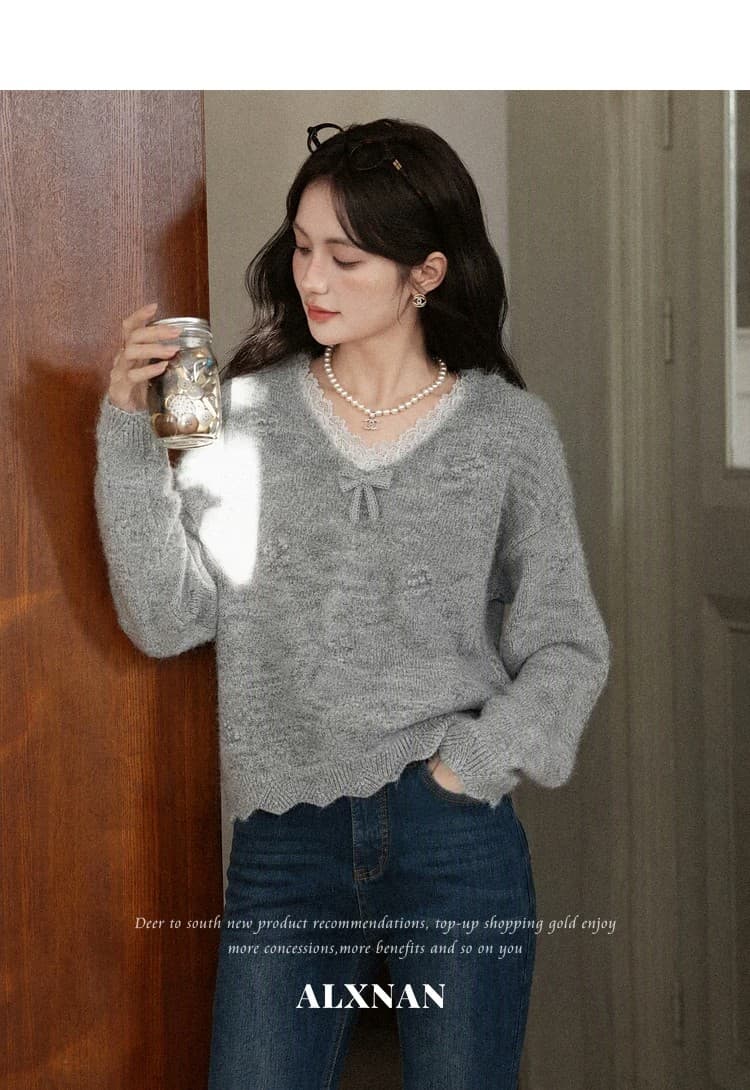 스와 리 안개 회색 느긋한 V넥 회색 니트 스웨터 여성 가을 긴팔 스웨터 레이스 양모 맨위 상세 이미지 5