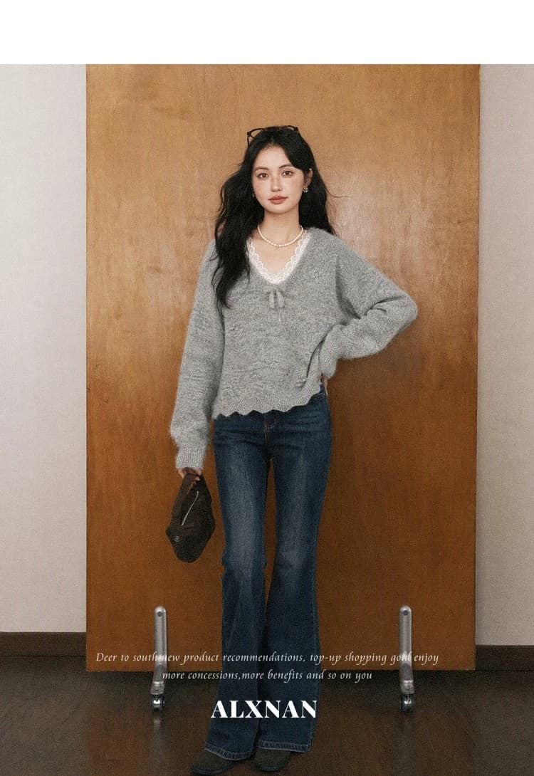 스와 리 안개 회색 느긋한 V넥 회색 니트 스웨터 여성 가을 긴팔 스웨터 레이스 양모 맨위 상세 이미지 6
