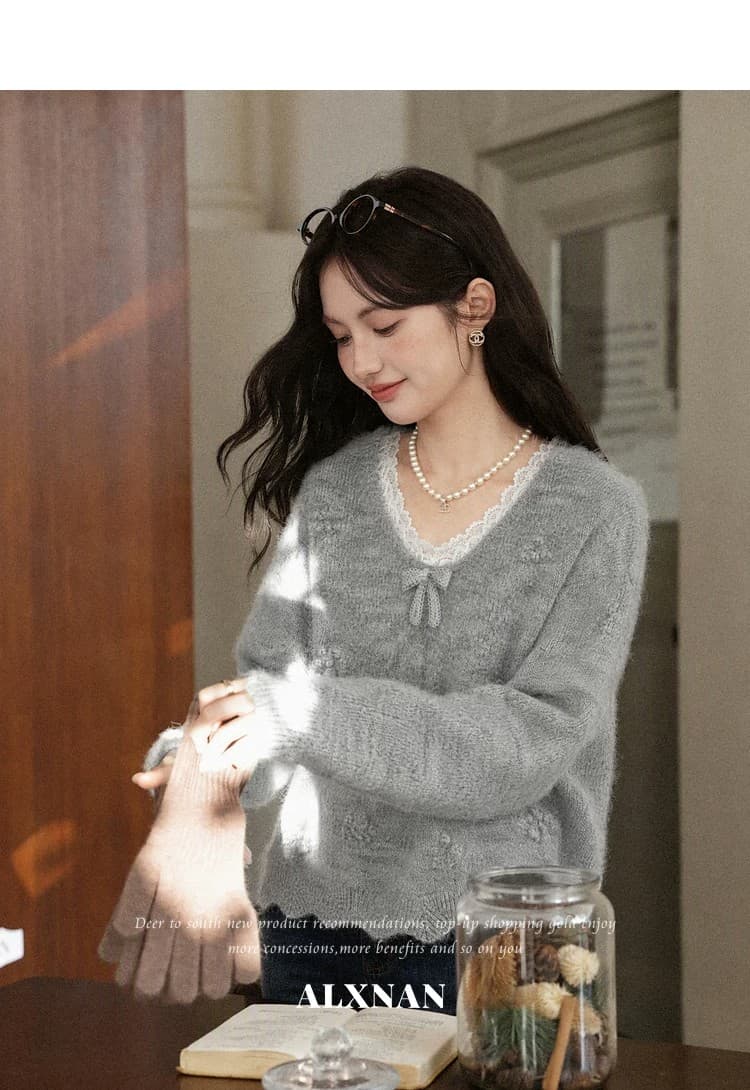 스와 리 안개 회색 느긋한 V넥 회색 니트 스웨터 여성 가을 긴팔 스웨터 레이스 양모 맨위 상세 이미지 8