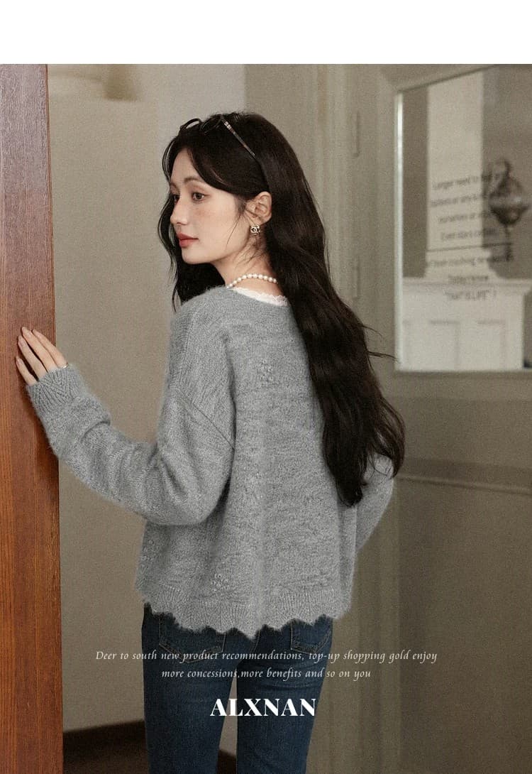 스와 리 안개 회색 느긋한 V넥 회색 니트 스웨터 여성 가을 긴팔 스웨터 레이스 양모 맨위 상세 이미지 10