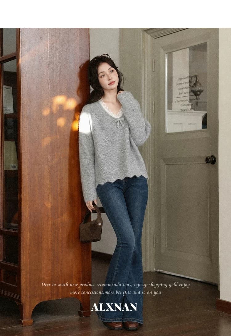 스와 리 안개 회색 느긋한 V넥 회색 니트 스웨터 여성 가을 긴팔 스웨터 레이스 양모 맨위 상세 이미지 12