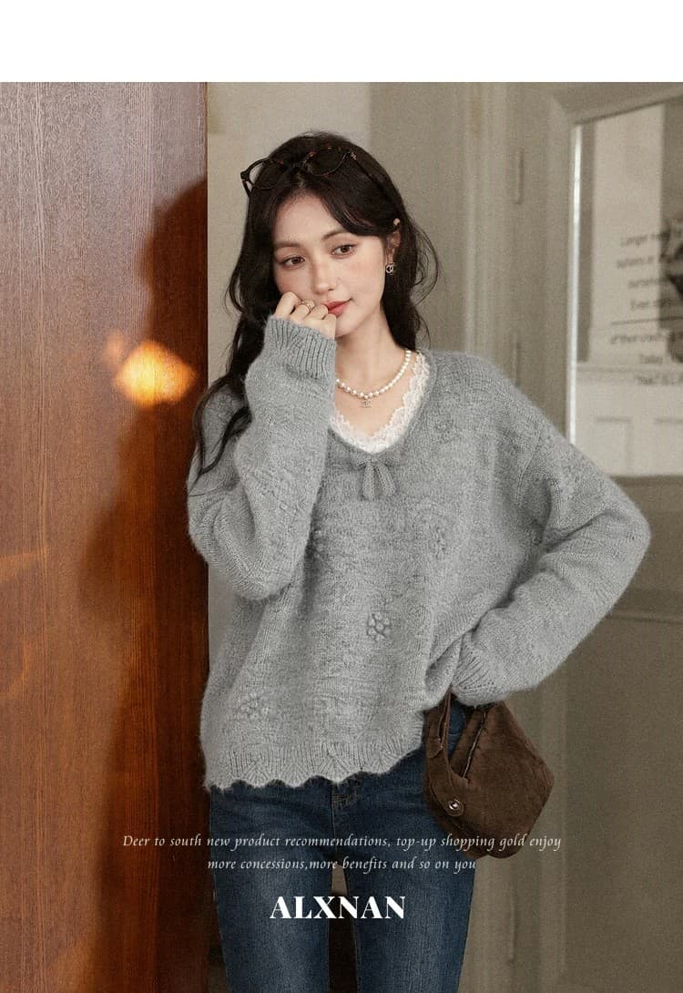 스와 리 안개 회색 느긋한 V넥 회색 니트 스웨터 여성 가을 긴팔 스웨터 레이스 양모 맨위 상세 이미지 13
