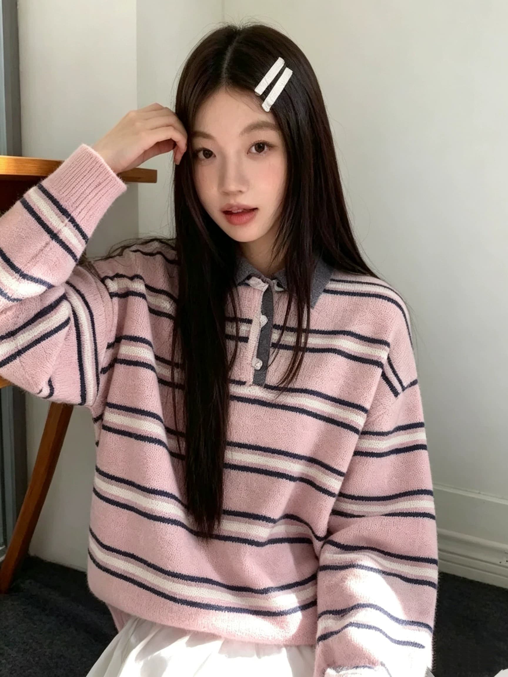 레트로 POLO 칼라 배색 스트라이프 스웨터 여자 봄 가을 새로운 부드러운 찹쌀 풀오버 니트 맨위 상세 이미지 1
