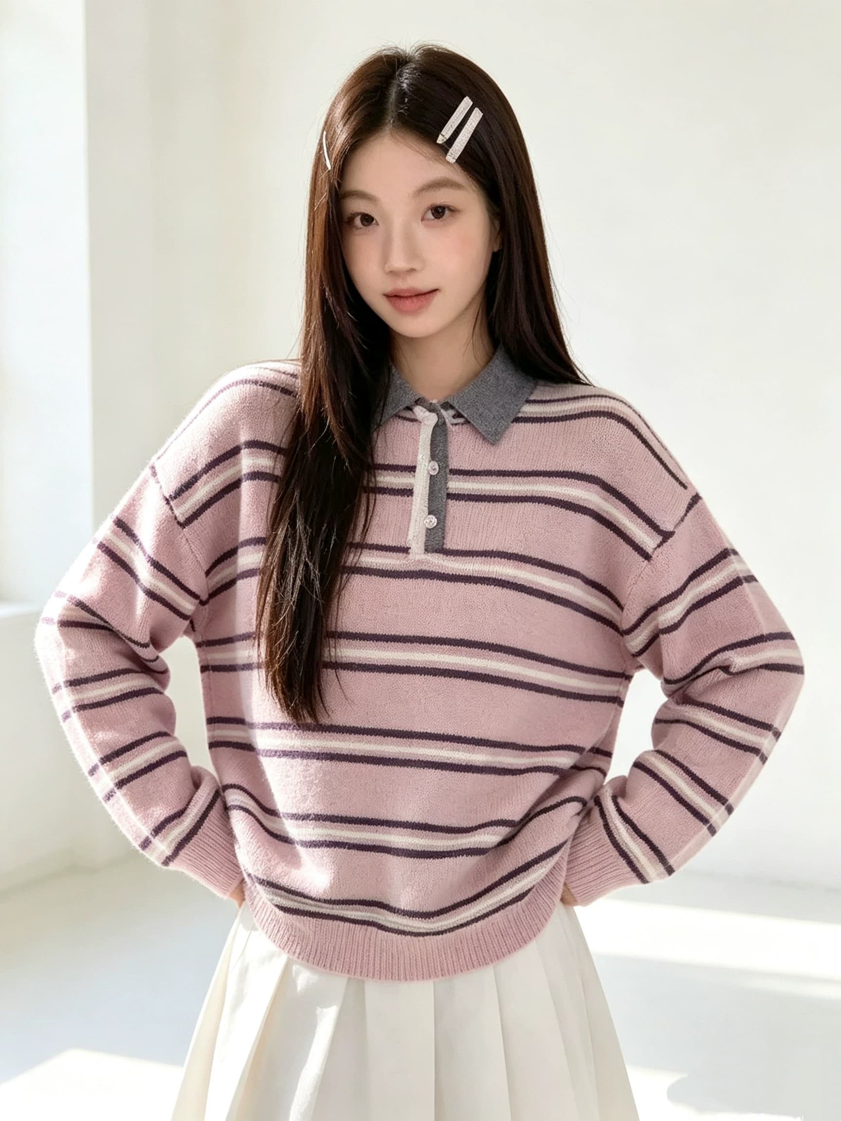 레트로 POLO 칼라 배색 스트라이프 스웨터 여자 봄 가을 새로운 부드러운 찹쌀 풀오버 니트 맨위 상세 이미지 3
