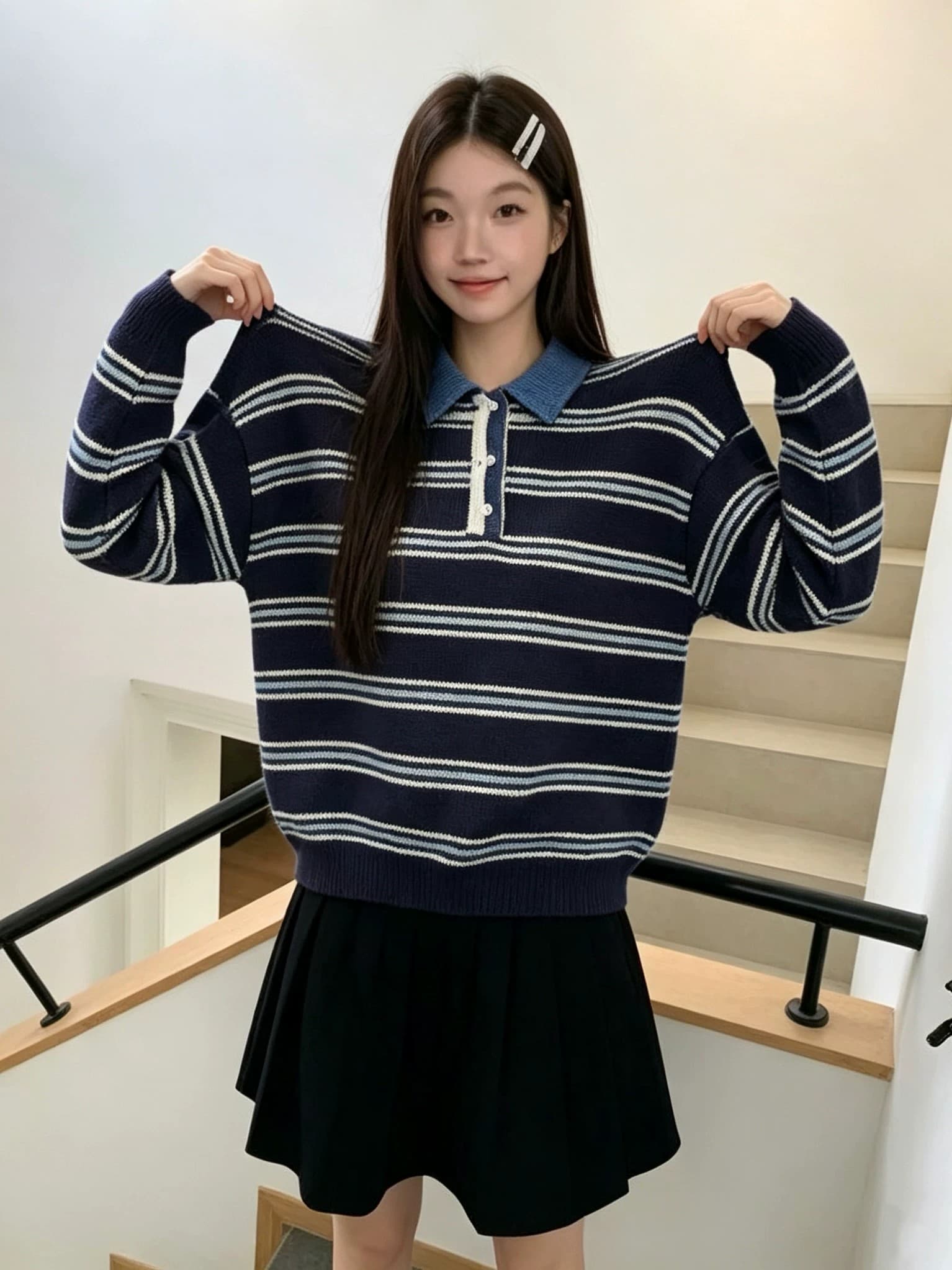 레트로 POLO 칼라 배색 스트라이프 스웨터 여자 봄 가을 새로운 부드러운 찹쌀 풀오버 니트 맨위 상세 이미지 5