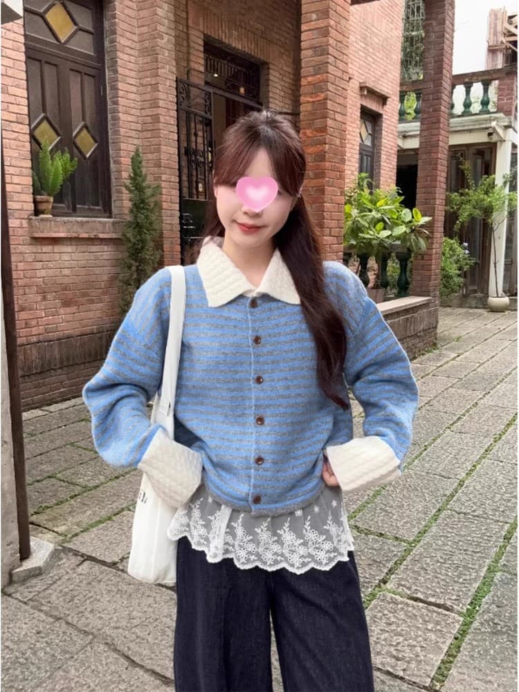 작은 샤넬 스타일 스트라이프 POLO 칼라 긴팔 스웨터 니트 스웨터 여성 조기 가을 느긋한 느슨함 센스 착용 가져 가라. 재킷 맨위 이미지 3