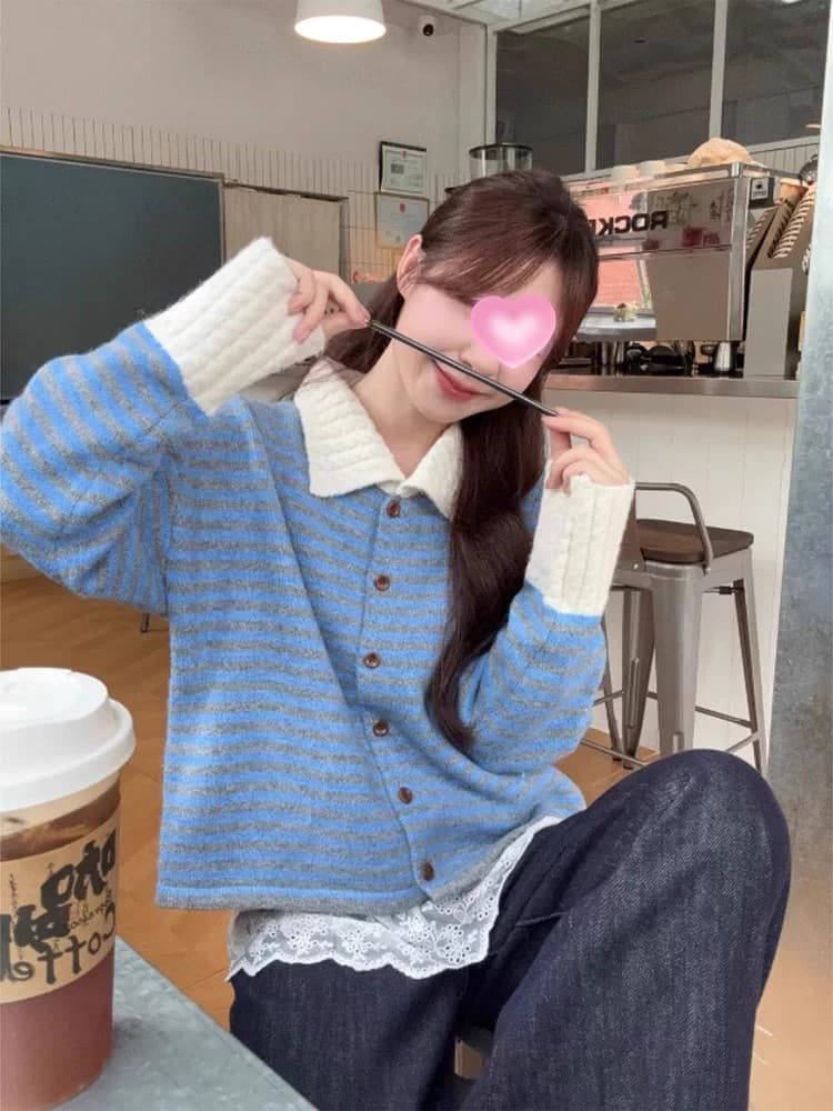 작은 샤넬 스타일 스트라이프 POLO 칼라 긴팔 스웨터 니트 스웨터 여성 조기 가을 느긋한 느슨함 센스 착용 가져 가라. 재킷 맨위 이미지 5