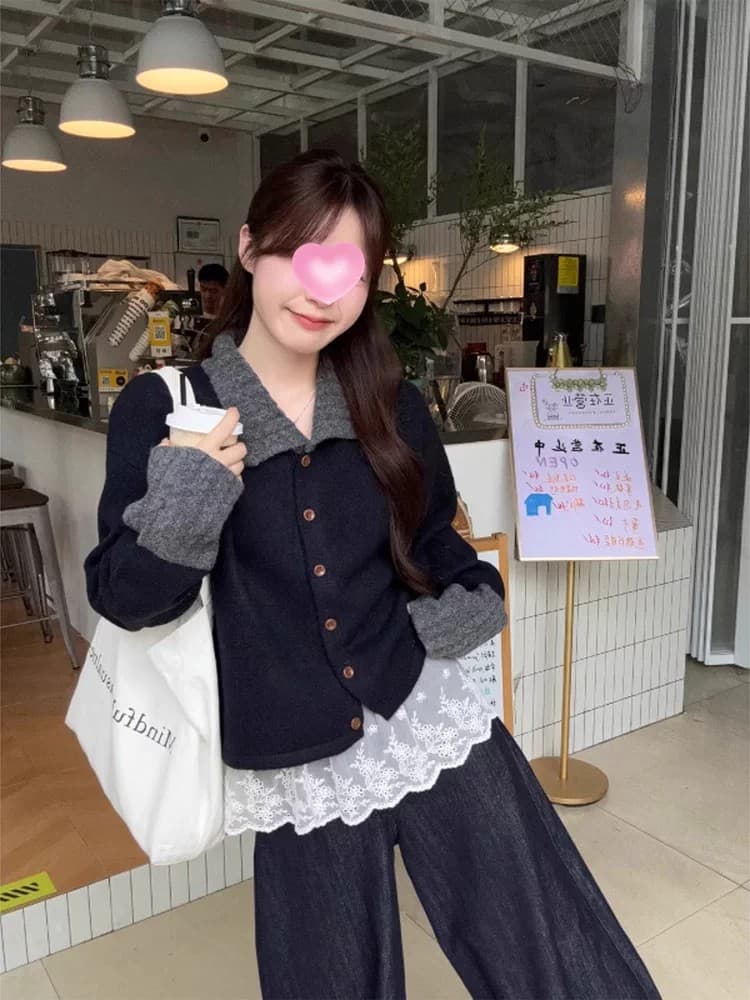 작은 샤넬 스타일 스트라이프 POLO 칼라 긴팔 스웨터 니트 스웨터 여성 조기 가을 느긋한 느슨함 센스 착용 가져 가라. 재킷 맨위 이미지 4