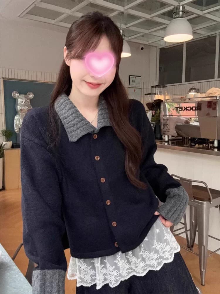 작은 샤넬 스타일 스트라이프 POLO 칼라 긴팔 스웨터 니트 스웨터 여성 조기 가을 느긋한 느슨함 센스 착용 가져 가라. 재킷 맨위 이미지 2