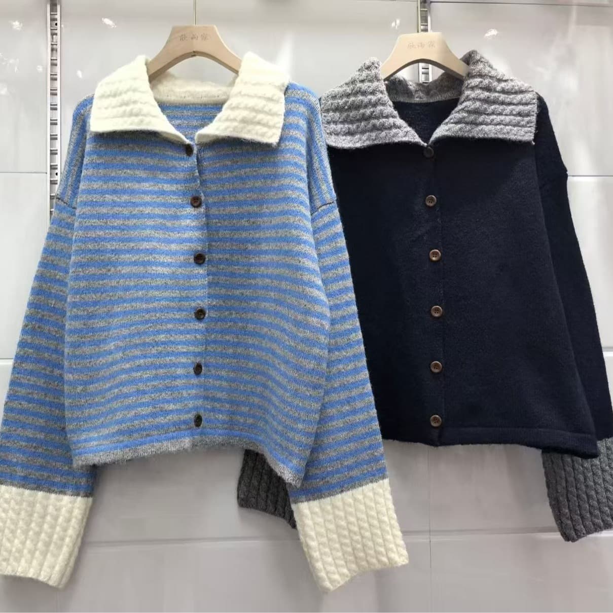 작은 샤넬 스타일 스트라이프 POLO 칼라 긴팔 스웨터 니트 스웨터 여성 조기 가을 느긋한 느슨함 센스 착용 가져 가라. 재킷 맨위 이미지 6