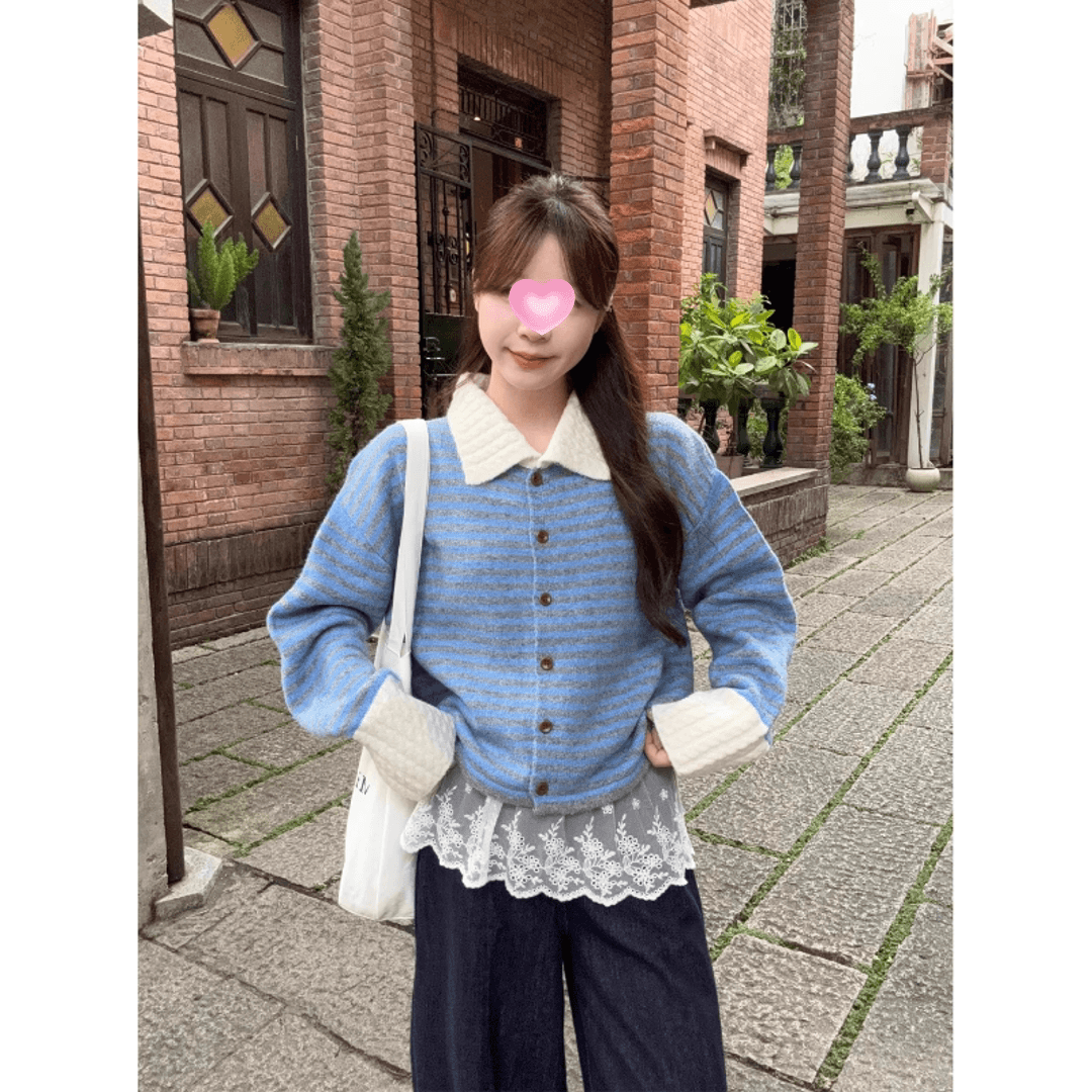 작은 샤넬 스타일 스트라이프 POLO 칼라 긴팔 스웨터 니트 스웨터 여성 조기 가을 느긋한 느슨함 센스 착용 가져 가라. 재킷 맨위 상세 이미지 2