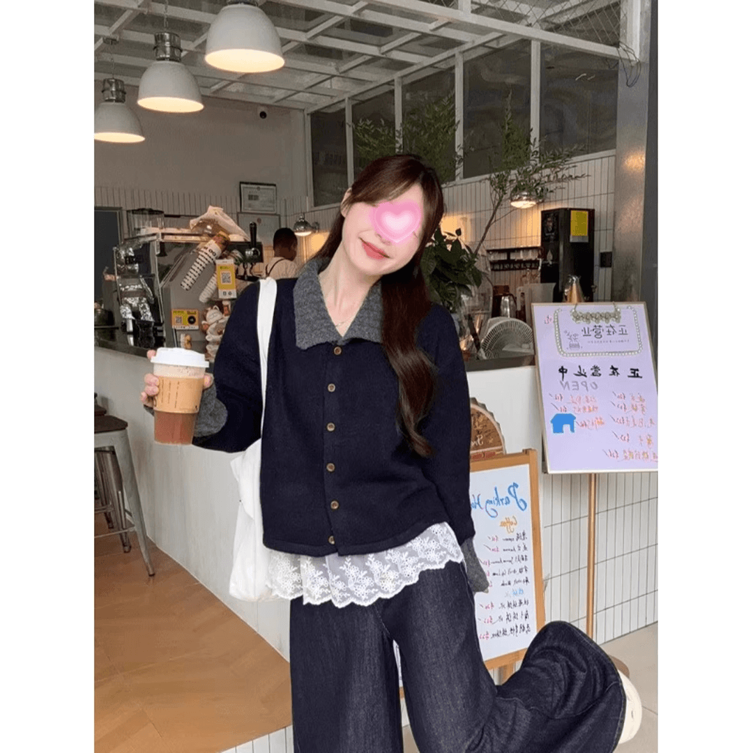 작은 샤넬 스타일 스트라이프 POLO 칼라 긴팔 스웨터 니트 스웨터 여성 조기 가을 느긋한 느슨함 센스 착용 가져 가라. 재킷 맨위 상세 이미지 4