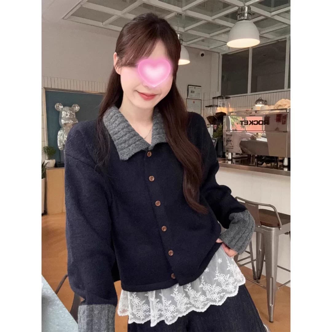 작은 샤넬 스타일 스트라이프 POLO 칼라 긴팔 스웨터 니트 스웨터 여성 조기 가을 느긋한 느슨함 센스 착용 가져 가라. 재킷 맨위 상세 이미지 5