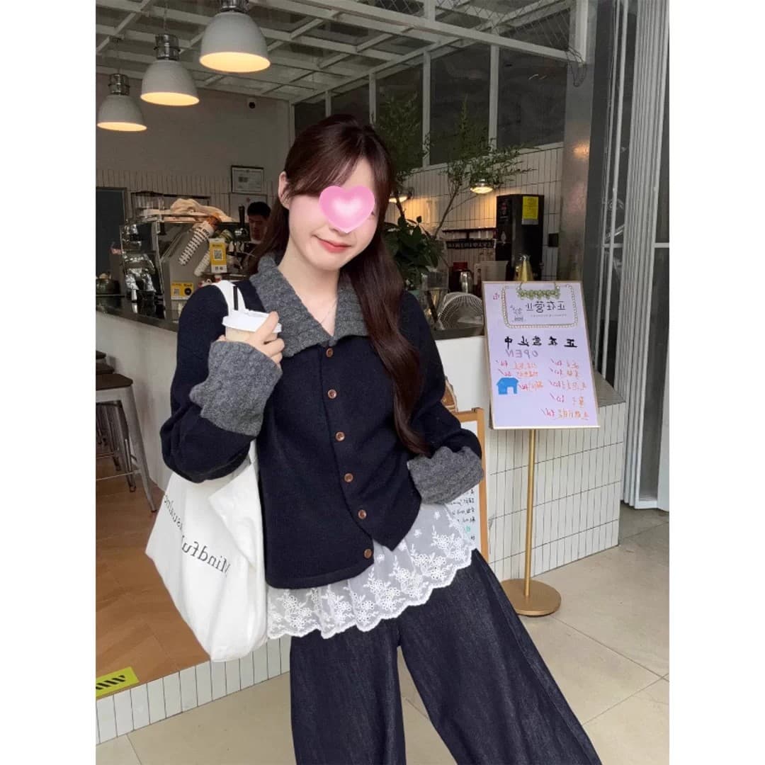작은 샤넬 스타일 스트라이프 POLO 칼라 긴팔 스웨터 니트 스웨터 여성 조기 가을 느긋한 느슨함 센스 착용 가져 가라. 재킷 맨위 상세 이미지 6