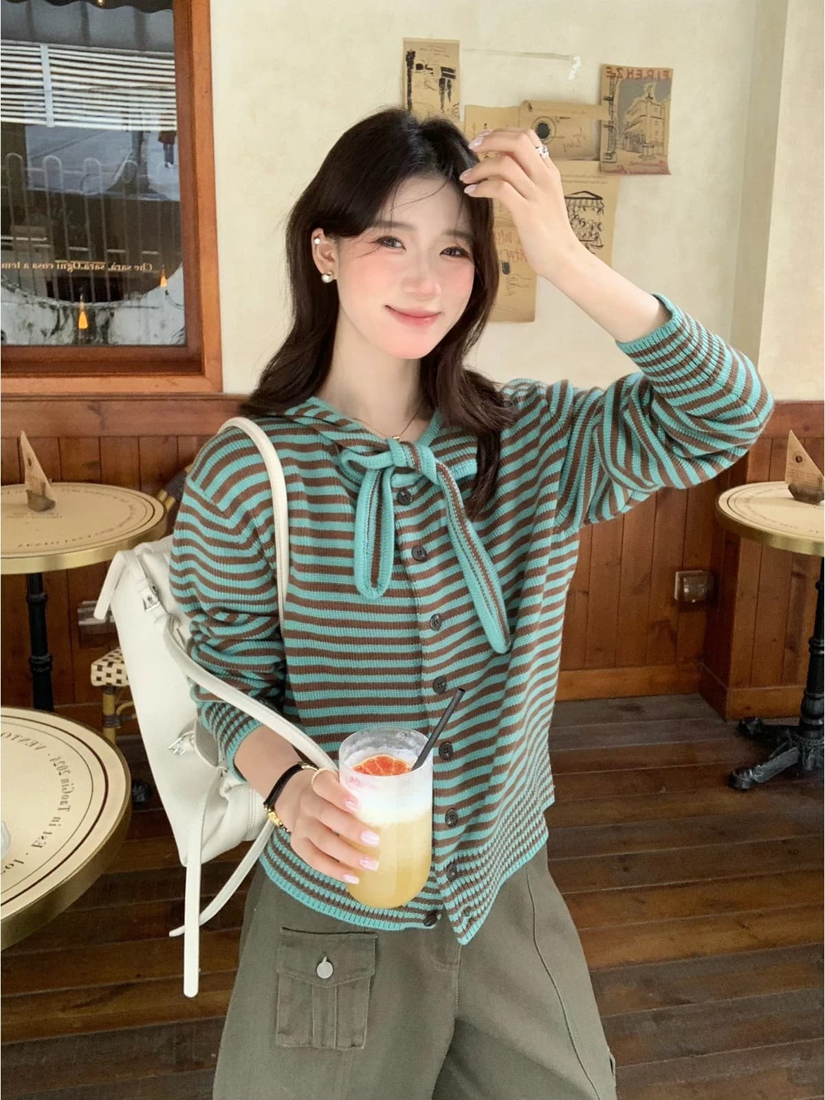한 부서 가을 겨울 배색 수평 줄무늬 레이스업 후드 느긋한 출퇴근 니트 오픈 가디건 여성 재킷 트렌디 이미지 2