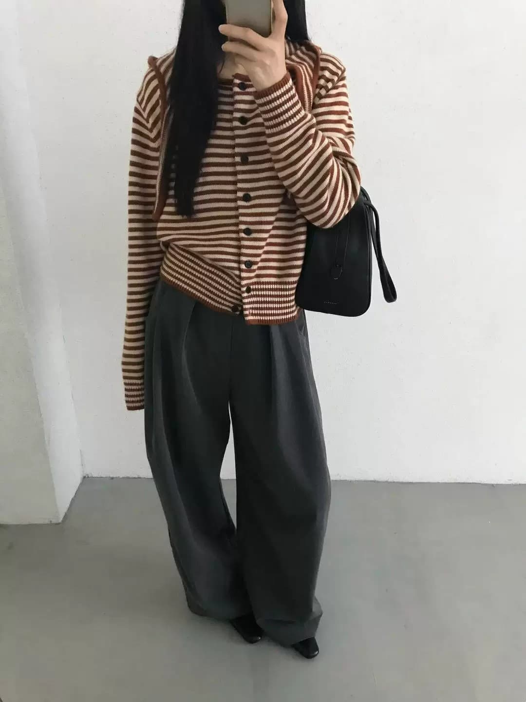 한 부서 가을 겨울 배색 수평 줄무늬 레이스업 후드 느긋한 출퇴근 니트 오픈 가디건 여성 재킷 트렌디 상세 이미지 6