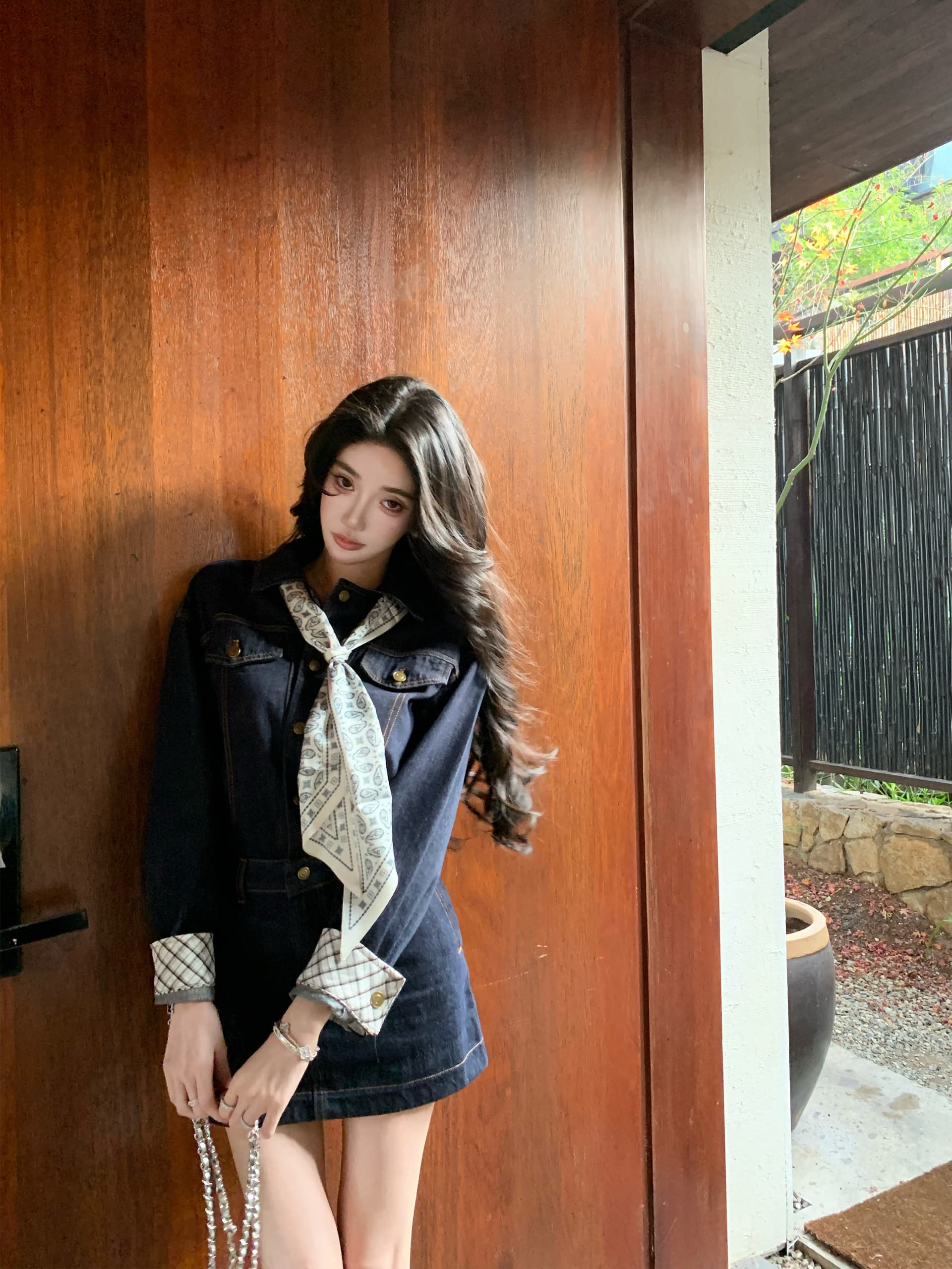 barb chill 워싱 데님 드레스 미니 스커트 여성 이른 봄 신년 로브 허리 수축 레트로 긴팔 셔츠 드레스