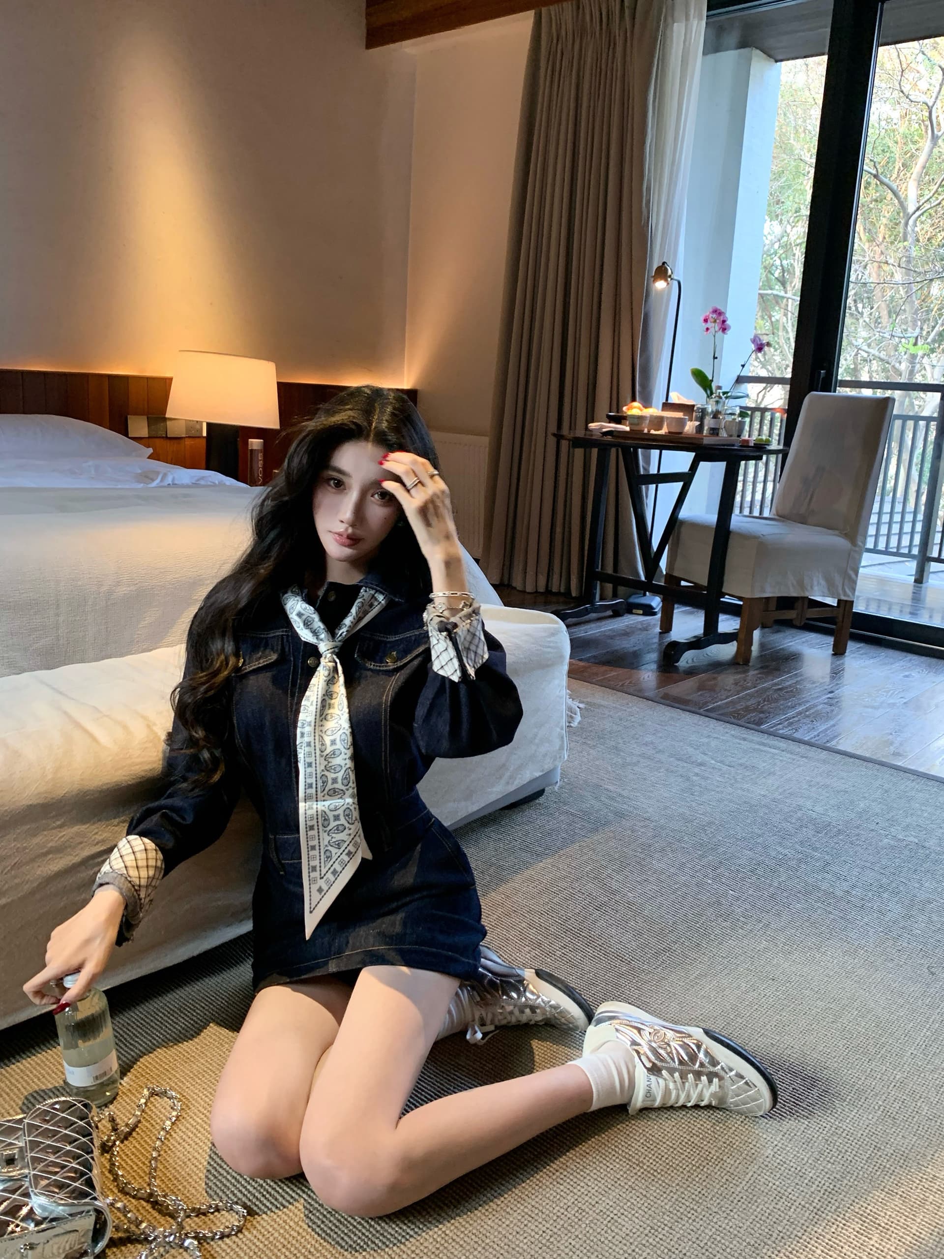barb chill 워싱 데님 드레스 미니 스커트 여성 이른 봄 신년 로브 허리 수축 레트로 긴팔 셔츠 드레스 상세 이미지 2