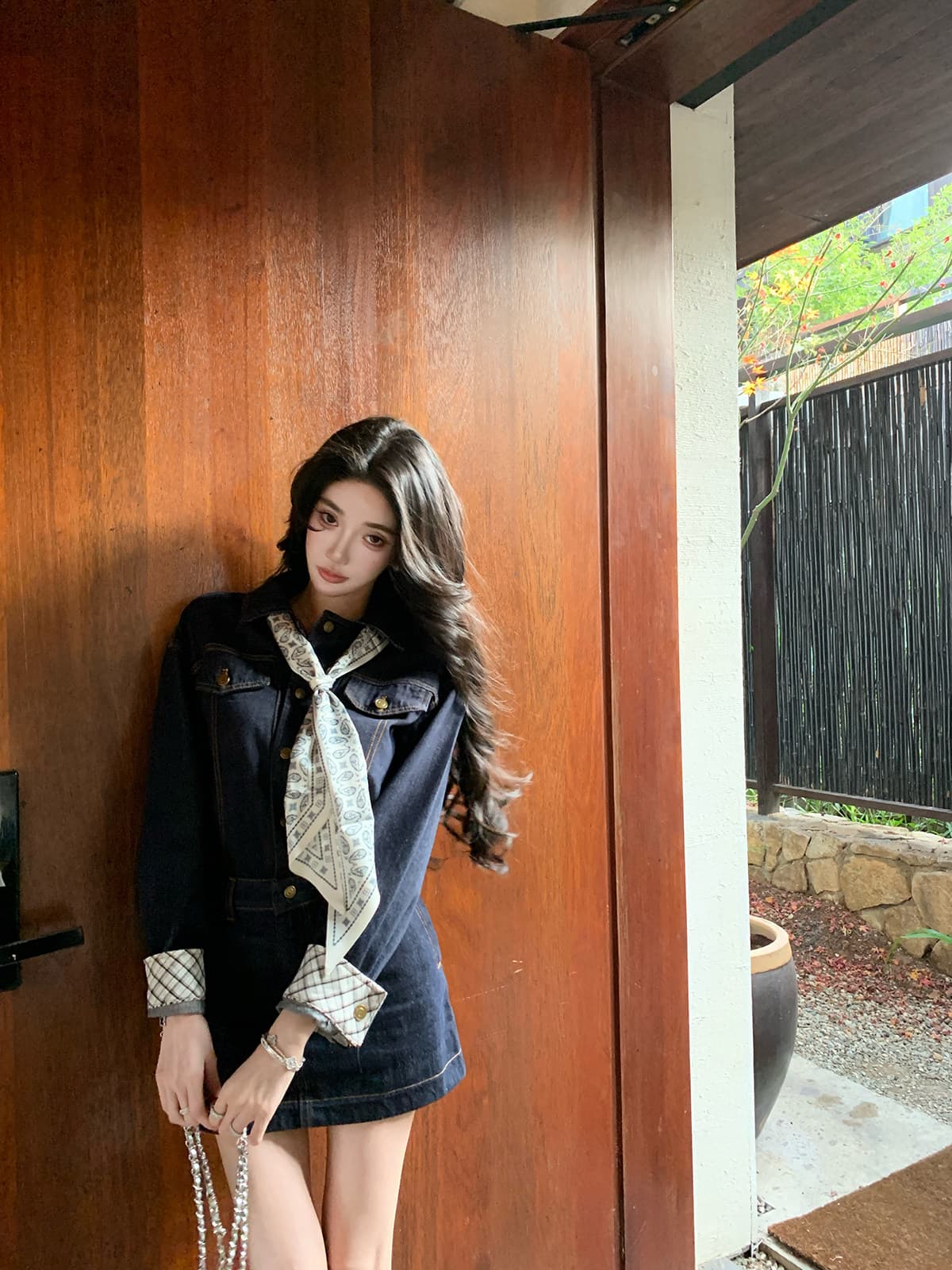 barb chill 워싱 데님 드레스 미니 스커트 여성 이른 봄 신년 로브 허리 수축 레트로 긴팔 셔츠 드레스 상세 이미지 7