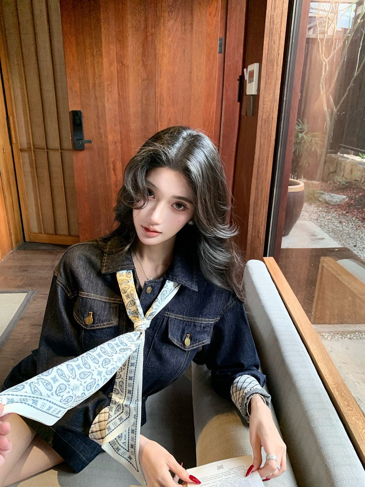barb chill 워싱 데님 드레스 미니 스커트 여성 이른 봄 신년 로브 허리 수축 레트로 긴팔 셔츠 드레스 상세 이미지 10