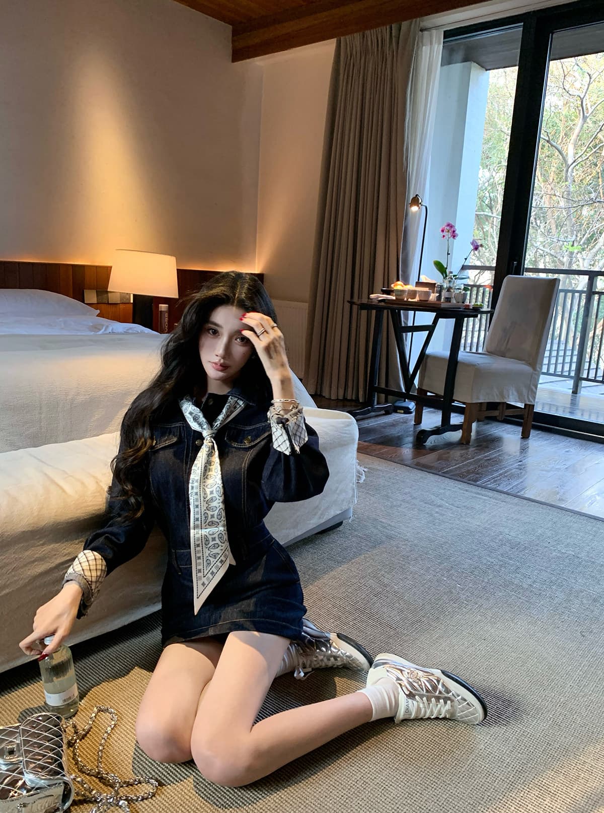 barb chill 워싱 데님 드레스 미니 스커트 여성 이른 봄 신년 로브 허리 수축 레트로 긴팔 셔츠 드레스 상세 이미지 12