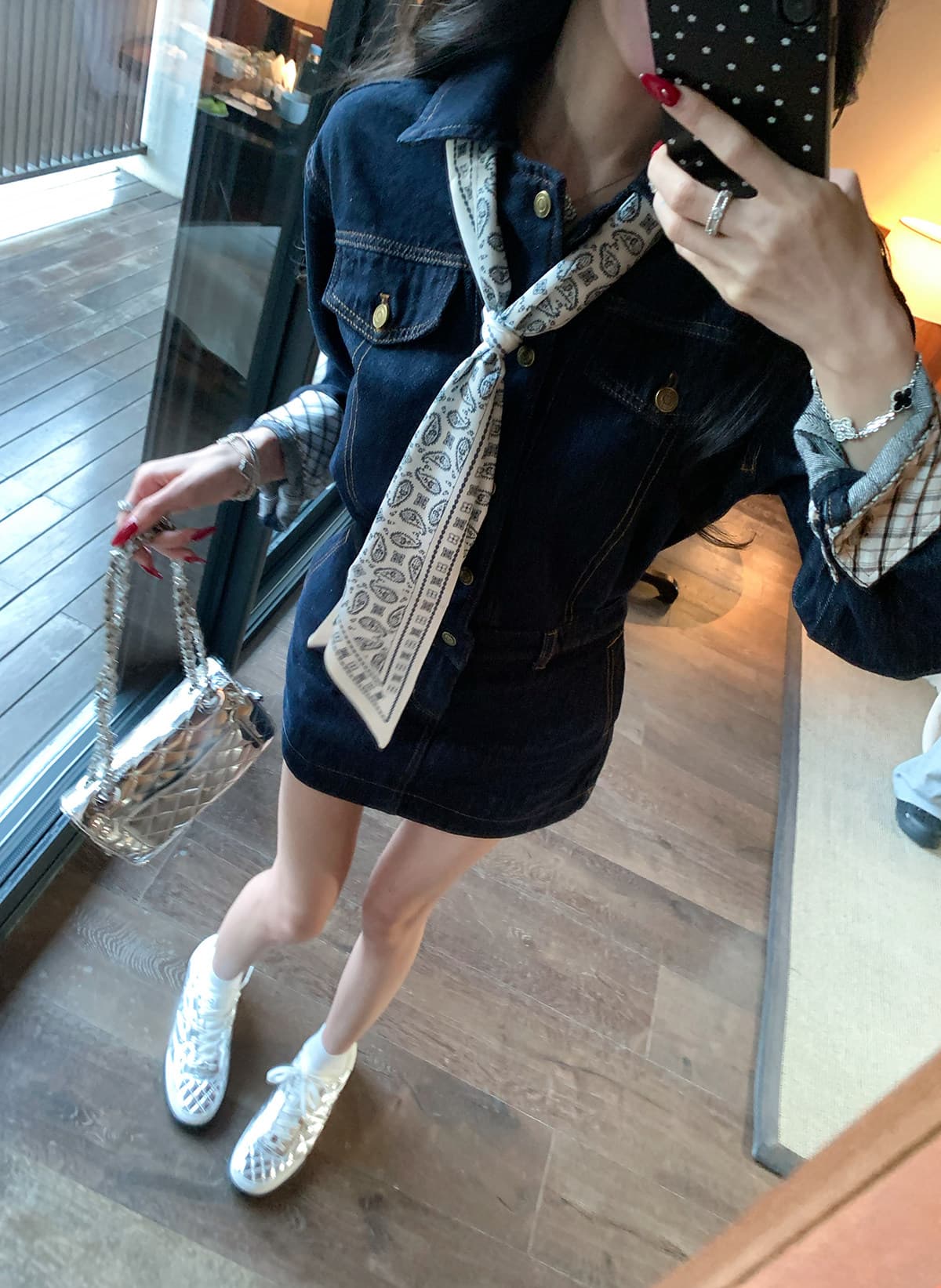barb chill 워싱 데님 드레스 미니 스커트 여성 이른 봄 신년 로브 허리 수축 레트로 긴팔 셔츠 드레스 상세 이미지 13