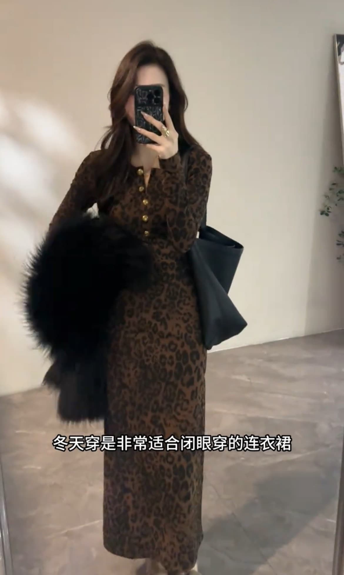 유럽 상품 레트로 레오파드 무늬 금속 버클 슬림해 보이는 두꺼운 여성 드레스 가을 겨울 새로운 외국 가스 다용도 기본 스커트 롱 스커트 상세 이미지 20