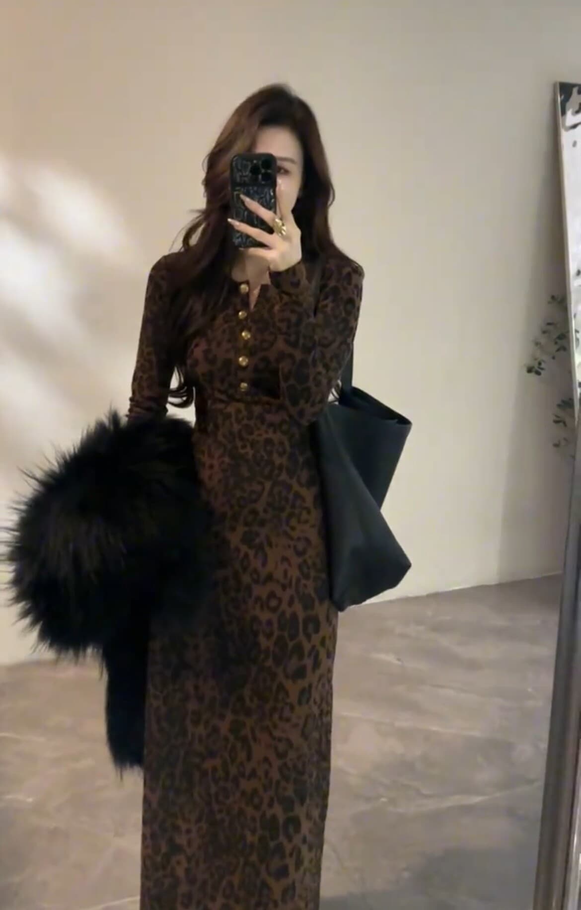 유럽 상품 레트로 레오파드 무늬 금속 버클 슬림해 보이는 두꺼운 여성 드레스 가을 겨울 새로운 외국 가스 다용도 기본 스커트 롱 스커트 상세 이미지 23