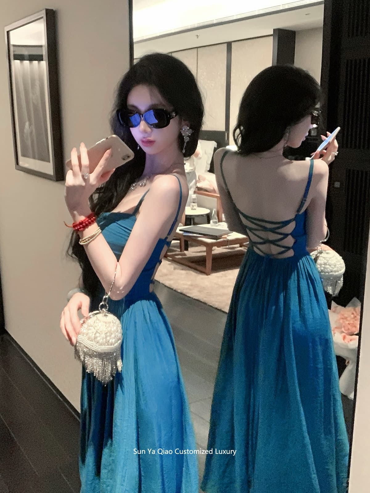 sun 우아한 조 블루 심해 여름 섹시함 핫걸 명문 여성 V넥 비즈 박기 백리스 스트랩 슬립 드레스 상세 이미지 2